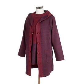 【秋冬もの入荷】＜2点セット＞ツイード調編地フードニットジャケットアンサンブル ニットジャケット＋セーター（L LL）ワイン