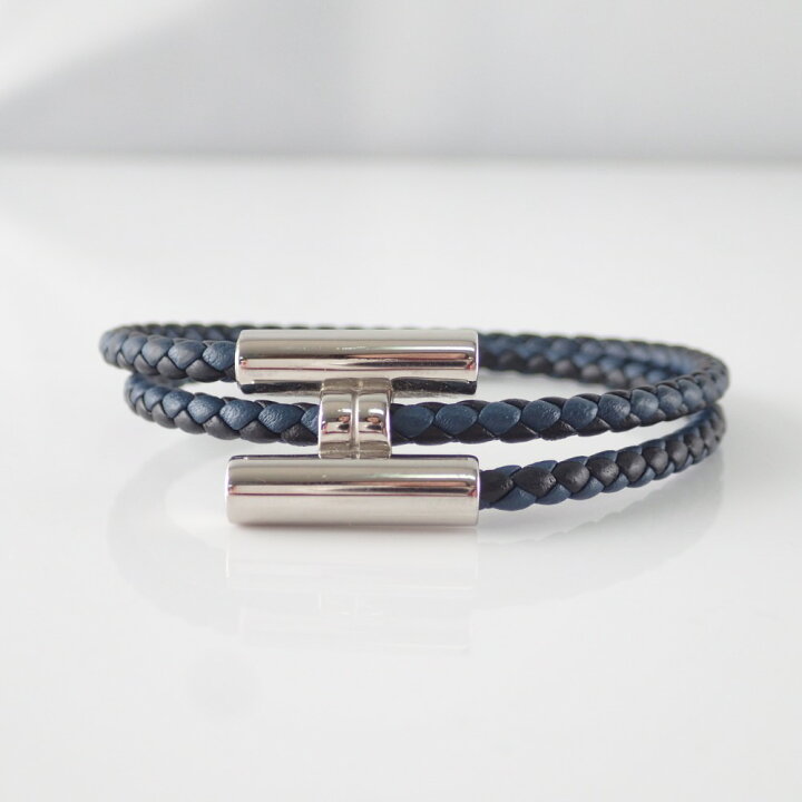 HERMES ネイビー 編み込みレザーブレスレットHERMES ネイビー 編み込み 
