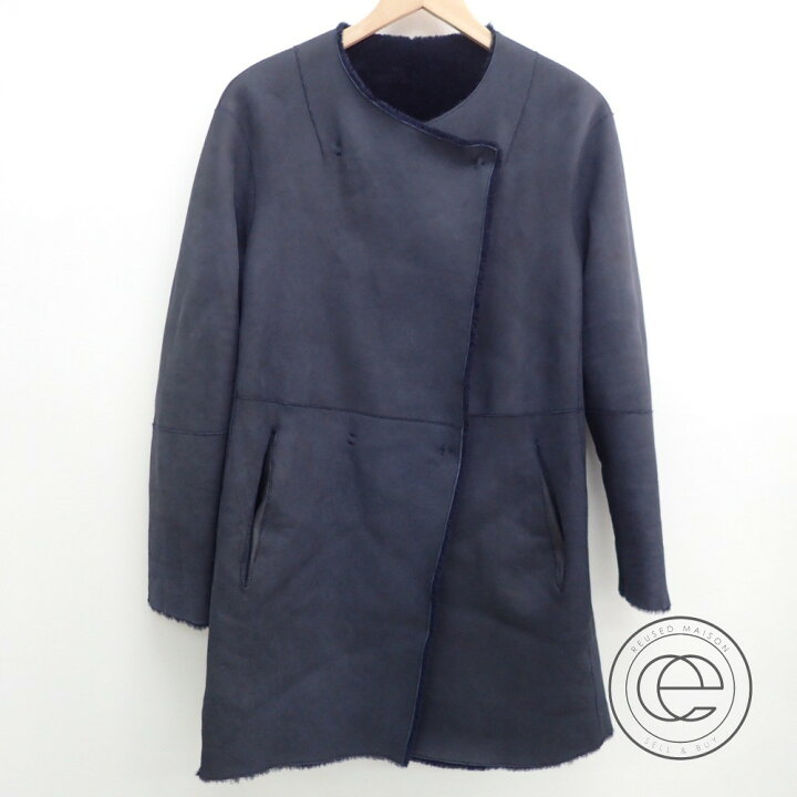 Theory セオリームートンロングコート ベルト付き ネイビー サイズS  