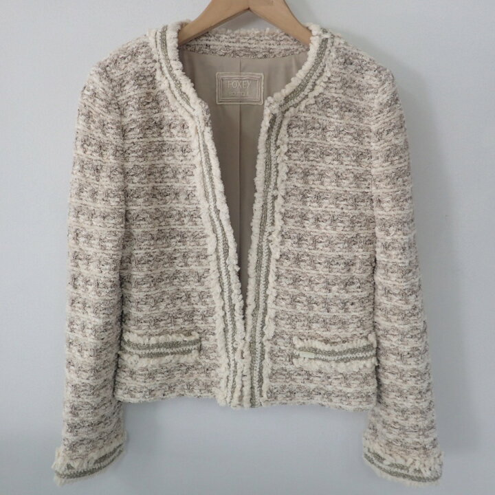 フォクシー FOXEY ツイード ノーカラー ジャケット ピンクベージュ 40 