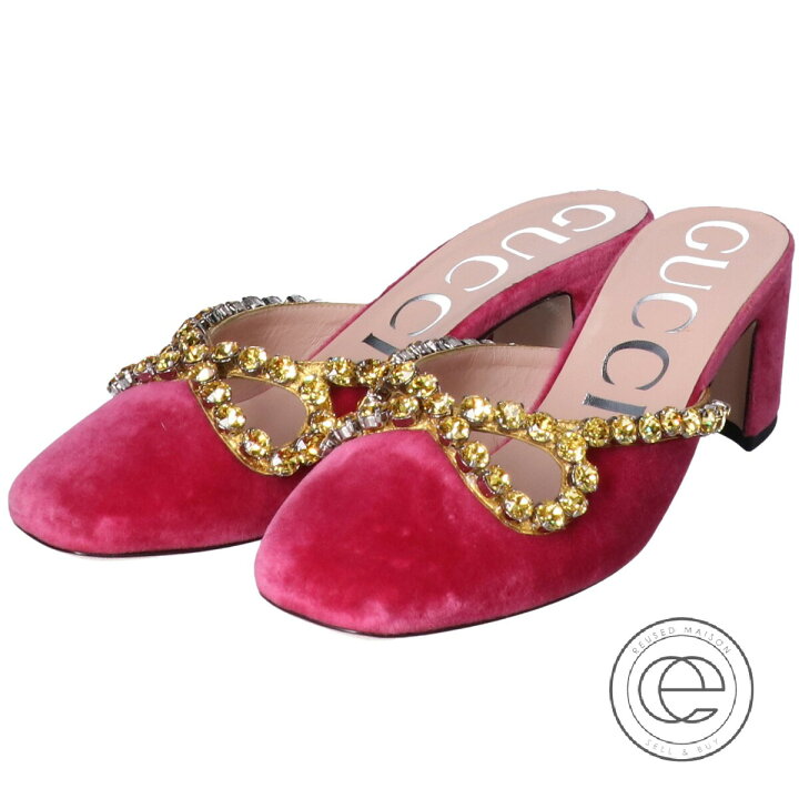 楽天市場】GUCCI グッチ ベルベット リボンビジューミュール 37 ピンク 