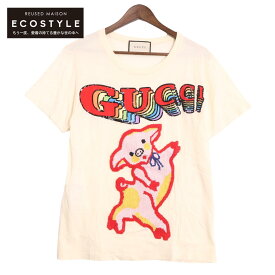 GUCCI グッチ イエロー 492347 スパンコールロゴ×子豚 Tシャツ トップス XS オフホワイト メンズ 【中古】