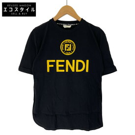 FENDI フェンディ FS7045 A43A 18SS ブラック サイドスリット ロゴTシャツ トップス XS ブラック レディース 【中古】