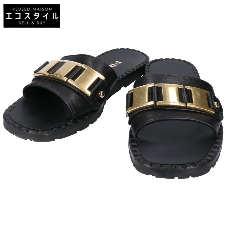 楽天市場】PRADA プラダ ブラック バックルゴールド金具 フラット 