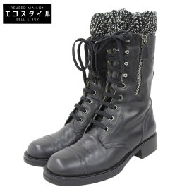CHANEL シャネル 新品同様 CHANEL シャネル ココマーク レースアップ コンバットブーツ シューズ レディース レザー×ツイード ブラック 38 G27911 シューズ 38 ブラック レディース 【中古】