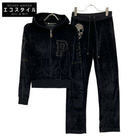 PHILIPP PLEIN フィリッププレイン ブラック ベロア スワロフスキー ジャージセットアップ スーツ セットアップ XS ブラック レディース 【中古】