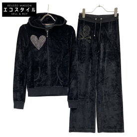 PHILIPP PLEIN フィリッププレイン ブラック ベロア スワロフスキー ジャージ セットアップ スーツ セットアップ XS ブラック レディース 【中古】