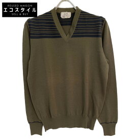 HERMES エルメス カーキ ショルダーボーダー Vネックセーター トップス S カーキ ブラック レディース 【中古】