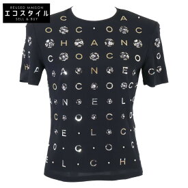 CHANEL シャネル 美品 国内正規 P70789V61962 カメリア＆アイコン パール シルク Tシャツ カットソー トップス 34 ブラック レディース 【中古】