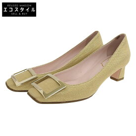 Roger Vivier ロジェヴィヴィエ 美品 スクエアメタルバックル キャンバス スクエアトゥ チャンキーヒール パンプス ベージュ×ゴールド 36 シューズ 36 ベージュ/ゴールド レディース 【中古】