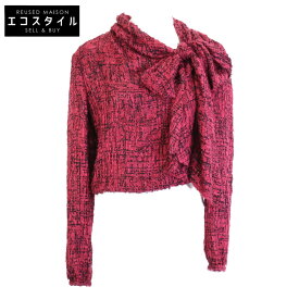 CHANEL シャネル 22AW P73159V64621 ツイードシルク ボウタイ バックボタン ブラウス トップス 36 バーガンディ×ブラック レディース 【中古】