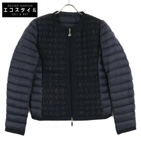 MONCLER モンクレール 織り込みデザイン ノーカラー ライト ダウン ジャケット 1 ネイビー レディース 【中古】