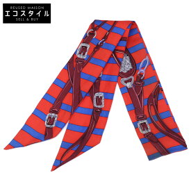 HERMES エルメス BRIDES de GALA 式典用馬勒 シルク ツイリー スカーフ レッド/ブルー レディース 【中古】