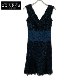 TADASHI SHOJI タダシショージ ACZ1345M Vネック ノースリーブ 刺繍レース ワンピース ワンピース 4 ブラック×ブルー レディース 【中古】