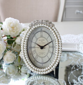 置き時計 リボンパール オーバル テーブルクロック 置時計 かわいい ギフト 楕円形 姫系 リボンモチーフ アンティーク風 角度調整可 ミニ時計