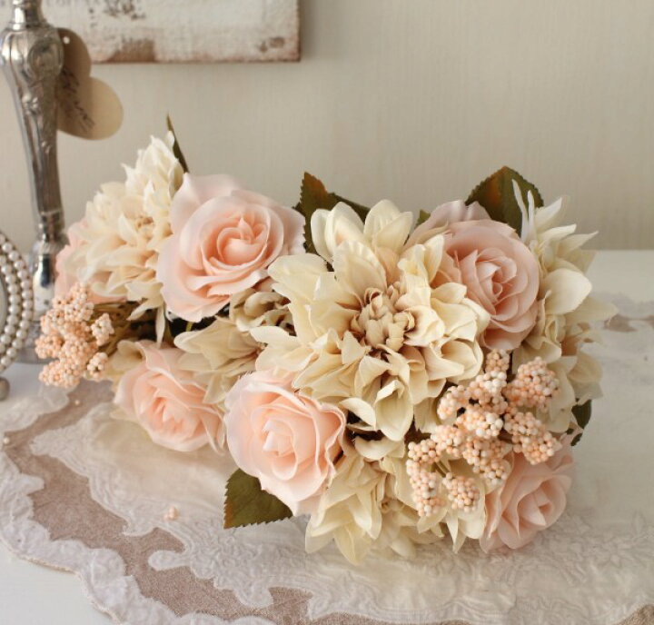 楽天市場 アンティークカラー ベージュブーケ 造花 薔薇 ダリア シルクフラワー アーティフィシャルフラワー インテリアフラワー ブーケ 花束 おしゃれ 可愛い ナチュラル スタイルロココ