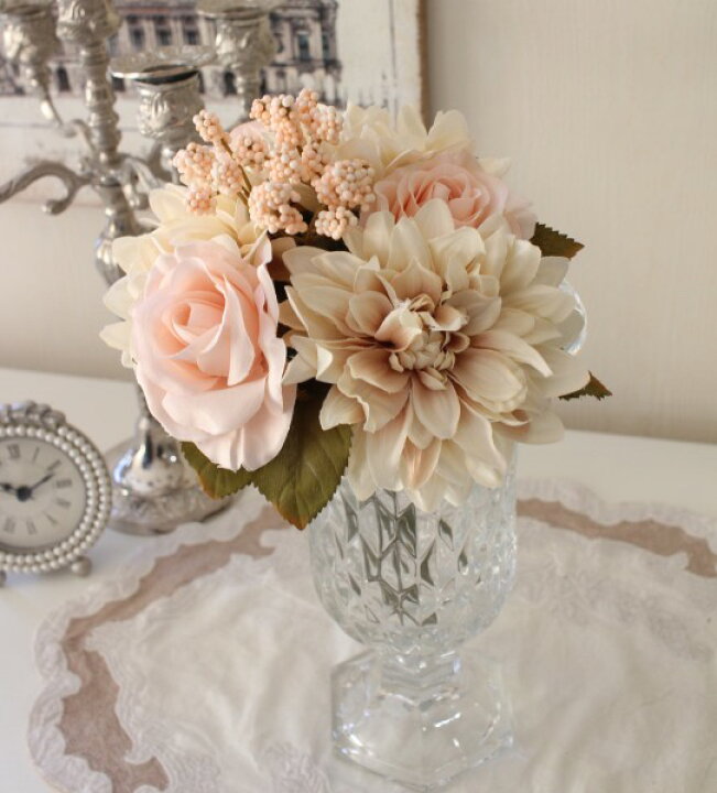 楽天市場 アンティークカラー ベージュブーケ 造花 薔薇 ダリア シルクフラワー アーティフィシャルフラワー インテリアフラワー ブーケ 花束 おしゃれ 可愛い ナチュラル スタイルロココ