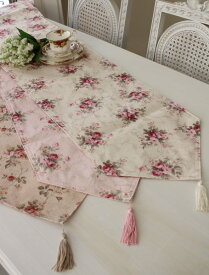 撥水テーブルランナー 可愛い アイボリー ピンク 花柄 テーブルセンター エレガントローズ 32×150 Mサイズ 薔薇 ジャガード 布製 はっ水 タッセル