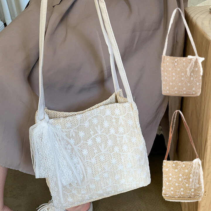 楽天市場】ショルダーバッグ スクエア型 ストロー素材 フラワー 刺繍 