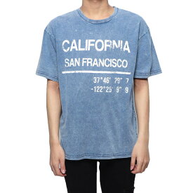 デニム カットソー ロゴ Tシャツ ビッグシルエット クルーネック 半袖 綿 コットン100% ケミカルウォッシュ カットデニム トップス メンズ ブルー ネイビー