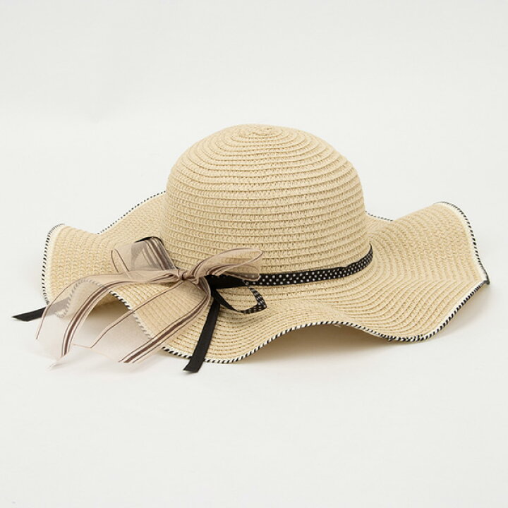 楽天市場】ストローハット 麦わら帽子 つば広 リボン 水玉 帽子  