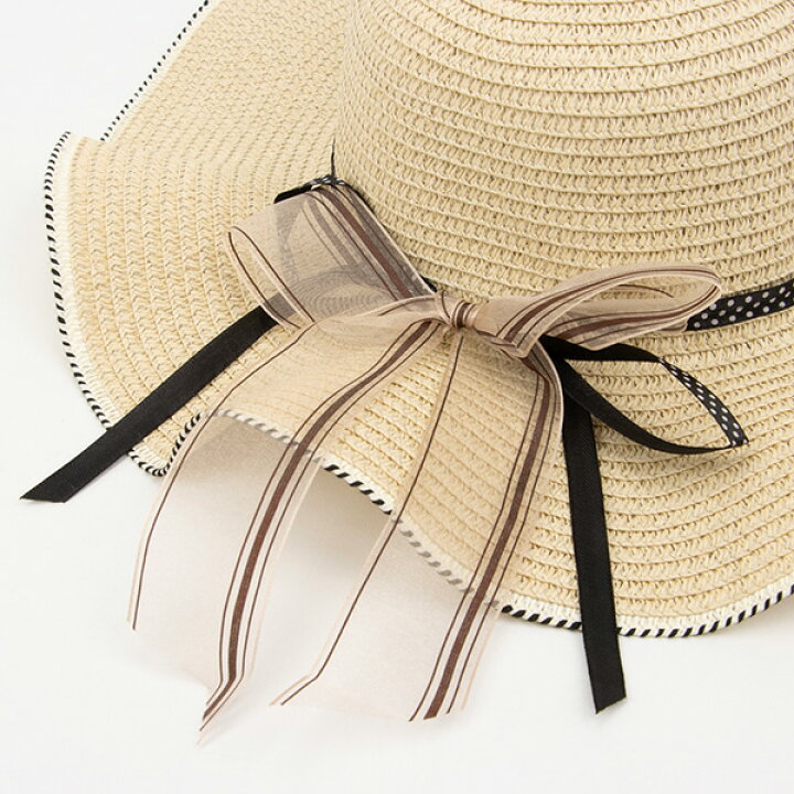 楽天市場】ストローハット 麦わら帽子 つば広 リボン 水玉 帽子  