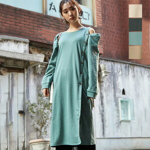 ワンピース レディース きれいめ 20代 春 黒 スリット ボタンあき 肩あき 肩だしワンピース 無地 長袖 ロング ブラック ライトベージュ ベージュ スモーキーグリーン