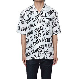 【あす楽対応】シャツ 開襟シャツ 半袖 オープンカラーシャツ カジュアルシャツ 総柄 ロゴ 英字 トップス メンズ オフホワイト ブラック