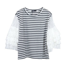 カットソー、Tシャツ ビッグシルエット フリル袖 レース ボーダーカットソー レディース