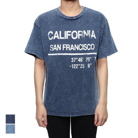 デニム カットソー ロゴ Tシャツ ビッグシルエット クルーネック 半袖 綿 コットン100% ケミカルウォッシュ カットデニム トップス メンズ ブルー ネイビー
