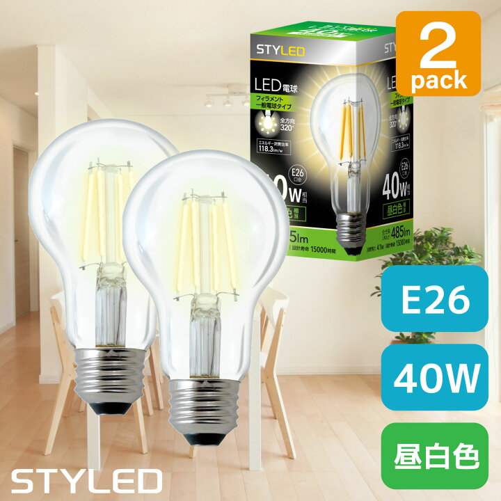 楽天市場】【2個セット】LED クリア 電球 E26 40W 40形相当 昼白色 全 