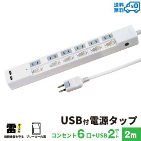 【あす楽対応・送料無料】STYLED USB充電付電源タップ コンセント×6口 USB×2ポート合計3.4A 電源コード2m 18ヵ月保証 雷ガード ブレーカー シャッター付コンセント スイングプラグ OAタップ 延長コード ホワイト STP6UA2W-2