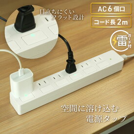 【ランキング上位入賞・18ヶ月保証】STYLED 独立フラットスイッチ 電源タップ コンセント×6口 電源コード2m 18ヵ月保証 雷ガード シャッター付コンセント スイングプラグ OAタップ 延長コード ホワイト PTP6WH-2