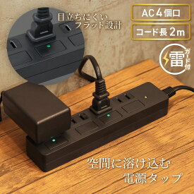 【ランキング上位入賞・18ヶ月保証】STYLED 独立フラットスイッチ 電源タップ コンセント×4口 電源コード2m 18ヵ月保証 雷ガード シャッター付コンセント スイングプラグ OAタップ 延長コード ブラック PTP4BK-2