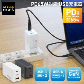 PD65W USB充電器 AC 充電器 USB ×3（C ×2・A ×1） GaN 最大65W | PC充電 急速充電 小型 窒化ガリウム PSE適合 折りたたみ式プラグ PACCAC2-P65 iPhone Type-C スマホ バッテリー Apple Watch STYLED ノートパソコン 持ち運び 充電 急速 タイプc 複数 ポート 3ポート