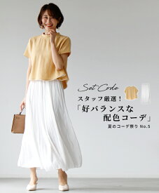 トップス レディース 半袖 カットソー 半袖カットソー Tシャツ スカート ボトム ホワイト 白 ウエストゴム とろみ 艶 微光沢 トレンド ワッシャー加工 裏地 2点セット Ehre style エーレスタイル セットコーデ 小柄さんもOK Ehrestyle【F220809】