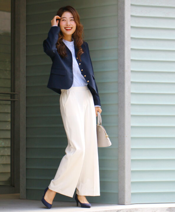 楽天市場】ジャケット ショート丈 ボタン ノーカラー ネイビー Vカット  