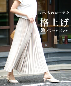 艶 プリーツ パンツ つや ツヤ 光沢 微光沢 ワイドパンツ スカンツ プリーツパンツ ウエストゴム レディース ファッションフリーサイズ 春 小柄さんもOK Ehrestyle 【F221203】2/9再入荷