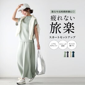 ★300円OFFクーポンが使える★セットアップ ポンチ スカートセット ウエストゴム 半袖 長袖 お出かけ 春 夏 秋 冬 体型カバー ストレッチ 帰省 旅行 レジャー レディース 小柄さんOK 長袖 半袖 チャコールグレー ライトベージュ ミントグリーン ブルー【set】【S260114】