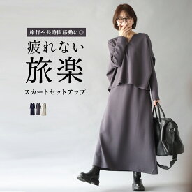 セットアップ ポンチ スカートセット ウエストゴム 半袖 長袖 お出かけ 春 夏 秋 冬 体型カバー ストレッチ 着回し 帰省 旅行 レジャー レディース きれいめ 小柄さんOK 長袖 半袖 チャコールグレー ライトベージュ ミントグリーン ディープブルー【set】【S251105】