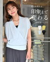 トップス カシュクール サマーニット 薄手 伸縮性 きれいめ オフィス 体系カバー ドロップショルダー 二の腕カバー ホ…