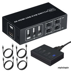 �y���������zHDMI KVM�X�C�b�` USB�L�[�{�[�h�E�}�E�X�E���j�^�[�����L �p�\�R���ؑ֊�(PC4��p) 4K60Hz�EHDMI2.0�EHDCP2.2�Ή� ���茳�ؑփX�C�b�`�t�� �o�X�p���[�d���s�v USB�P�[�u���t�� VA571N