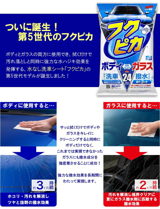 楽天市場 ネコポスで送料無料 洗車用シート フクピカgen5 撥水 水なし洗車 時短 コーティング車対応 24枚入り ソフト99 ボディ ガラス 拭くだけ パーツお手入れ 部分使い あす楽15時まで スタイルマーケット 楽天市場店