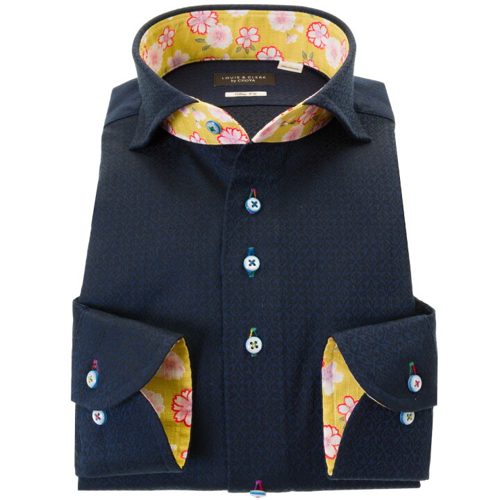 楽天市場 ドレスシャツ ワイシャツ シャツ メンズ 国産 長袖 綿100 スリムフィット カッタウェイワイド 胸ポケット無 ダークネイビー ジャガード織柄 デザイン 七宝繋ぎ 七宝文様 de メンズシャツ専門店 Style Works