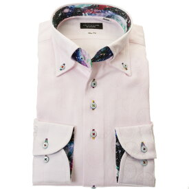 国産長袖ドレスシャツ スリムフィット ボタンダウン ライトピンク ジャガード 時計デザインドット柄 胸ポケット無 メンズ 24FA