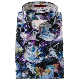 国産 半袖 綿100％ドレスシャツ　レギュラーフィット　ボタンダウン　プリント　宇宙飛行士　惑星　銀河 コスミック　胸ポケット有 LKHSD 24FA