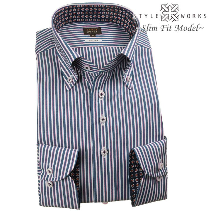 楽天市場 ドレスシャツ ワイシャツ シャツ メンズ 国産 長袖 綿100 スリムフィット ボタンダウン ピンクラインミックス ネイビーロンドン ストライプ 1907 Fs3gm Outlets メンズシャツ専門店 Style Works
