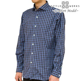国産 綿100% 長袖カジュアルシャツ ショートワイド コンフォート GIZA88 ブロックチェック ブルー 【OUTLETS】