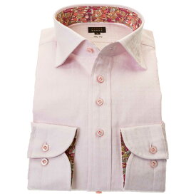 国産長袖綿100％ドレスシャツ ワイドカラー スリムフィット ピンク ジャガード織 雷文風格子柄 チェーンチェック 24FA