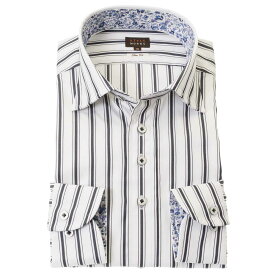 国産長袖ドレスシャツ シェルテック生地使用 スリムフィット ワイドカラー ストライプ ホワイト ネイビー 両子持縞 メンズ 24FA